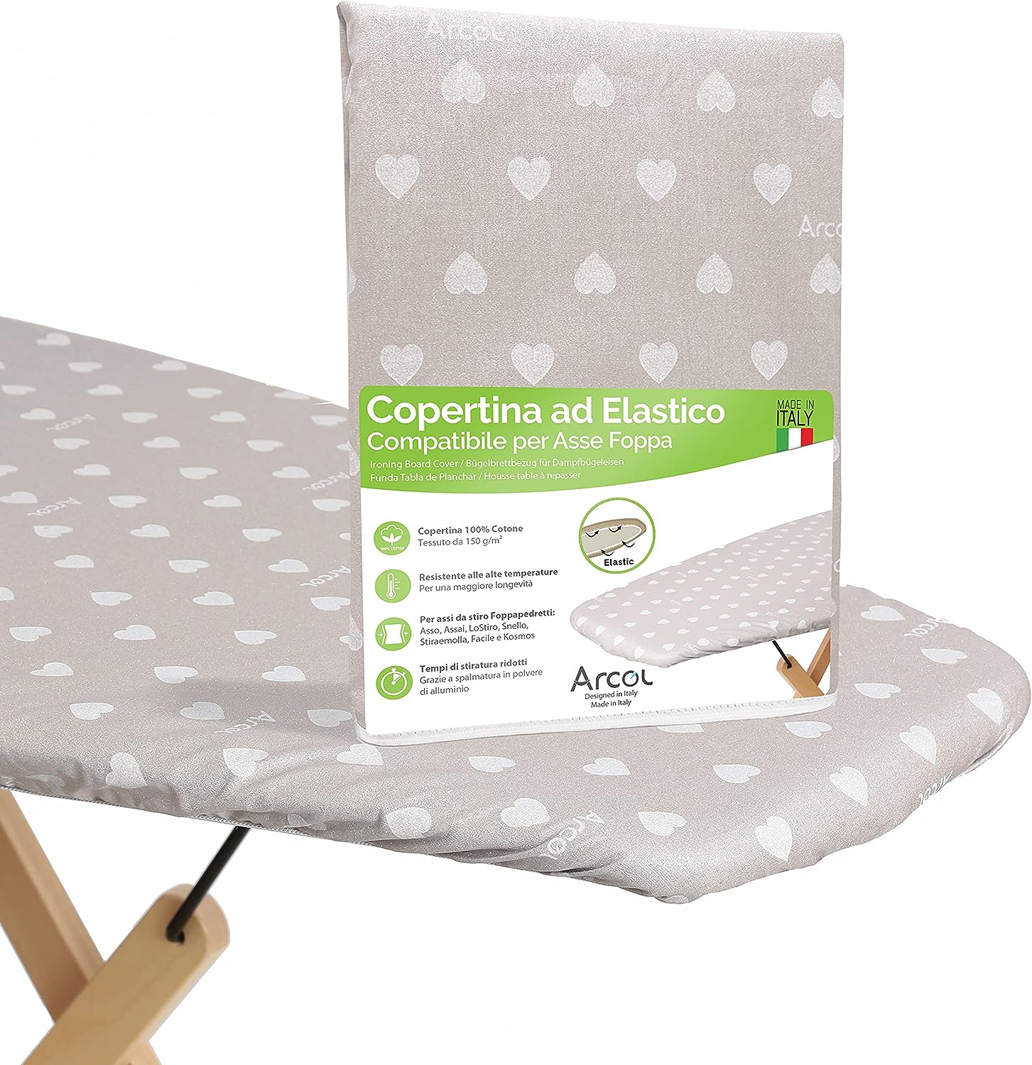 ARCOL Copertina Ricambio ad Elastico Compatibile per ASSE da Stiro Foppapedretti, Made in Italy, Copertura Copriasse da Stiro 100% Cotone (Copertina, Beige) copriasse arcol compatibile con foppapedretti